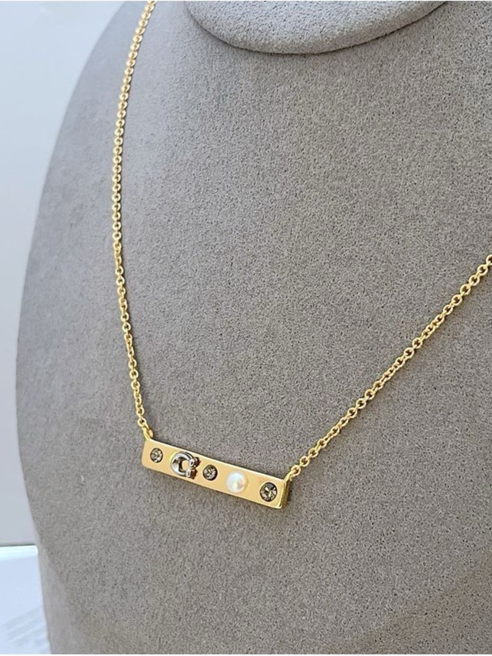 Coach Gold-Tone Bar Necklace with Crystal and Pearl Accents